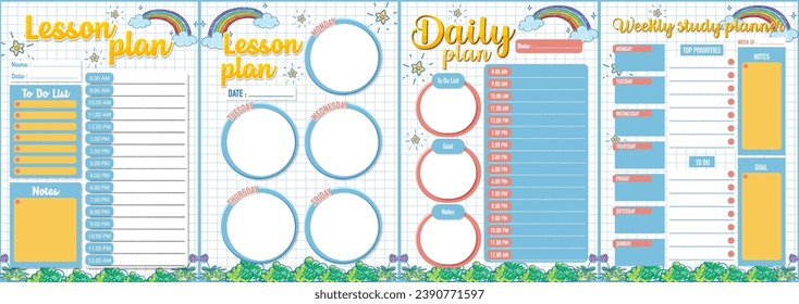 Ilustración de dibujos animados vectoriales del plan de clases y la lista de tareas pendientes de un estudiante con notas