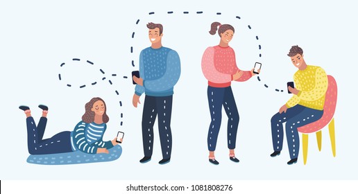 Vector cartoon illustration of Students or working Group With Smart Cell Phone Social Network Communication.