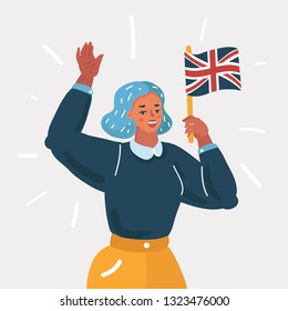 Vector cartoon illustration of studying English or travelling. Beautiful Girl with British flag waving to you. Human character on white background.