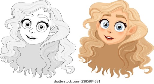 Vector cartoon illustration of a stunning woman with flowing blonde hair and a doodle outline for coloring pages