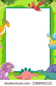 A vector cartoon illustration style border frame template featuring a variety of prehistoric animals, including many dinosaurs