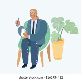 Vector cartoon illustration of style illustration of a man sitting on chair in the office. Profession: journalist, consultant, psychologist, psychiatrist, psychotherapist, analityc etc.