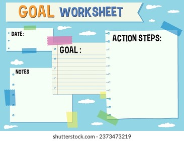 A vector cartoon illustration style of a paper note dashboard for organizing goals and tasks