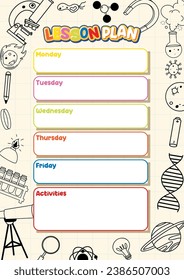 A vector cartoon illustration style template for planning lessons throughout the week