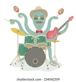 Vector cartoon illustration of stylish hipster octopus wearing hat, glasses, bow tie and mustache, playing the drum set, electric guitar and maracas. Character for music poster, cover or publication.