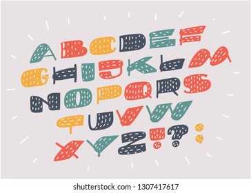 Vector cartoon illustration of of stylized colorful font and Slanted English capital alphabet in different colors on white background.