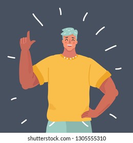 Vector cartoon illustration of Successful man character with index finger up gesture. Successful man, Smile, say some. Human character on dark background.