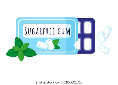 Vector cartoon illustration of sugar free mint gum isolated on white background. Dental concept.