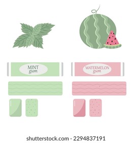 Vector cartoon illustration of sugar free mint gum isolated on white background. Set mint and watermelon gum.Dental concept.