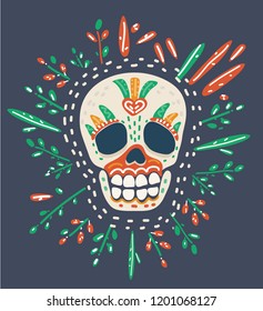 Vector cartoon illustration of sugar skull, decorated by floral elements. Object on dark background. Day of the dead, Dia de los muertos.