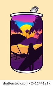 vector cartoon illustration of summer beach scene, sunset, coconut trees, surfing woman, colorful, drink can shaped, perfect for t-shirts, stickers, etc