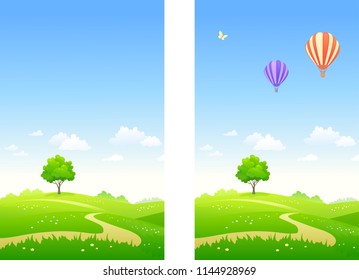 Vector cartoon illustration of a summer landscape and flying hot air balloons, vertical banners