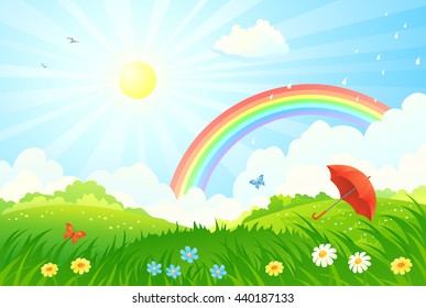 Vector cartoon illustration of a summer scenery with a rainbow after rain and an umbrella on a green meadow