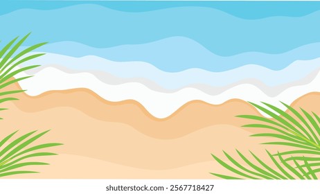 Vector cartoon illustration of Summer sea beach top view. Coast with beige sand and palm coco tree leaves, tropical seaside with blue water waves. Sandy ocean shore Concept of paradise exotic vacation