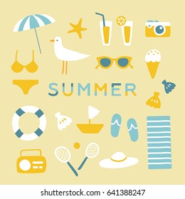 Vector cartoon illustration. Summer time, holidays. Set objects. Trendy design