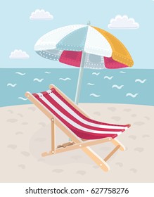 Vector cartoon illustration of Summer vacation on the beach. Image loungers with an umbrella on a tropical sea in the hot season.