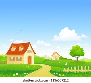 Vector Cartoon Illustration Summer Village Stock Vector (Royalty Free ...