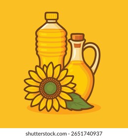 Vector cartoon illustration of sunflower oil in bottles, with a fresh sunflower beside. Great for health, organic, or cooking-related designs.

