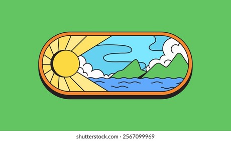 Vector cartoon illustration sunny landscape with sea, mountain cloudy in a box