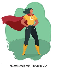 Vector cartoon illustration of Super hero woman watching over city. Hands on his hips pose. Human female character.