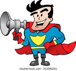 Vector Cartoon illustration of an Super Hero Talk in Megaphone