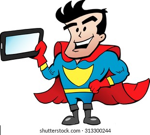 Vector Cartoon illustration of an Super Hero with a Tablet