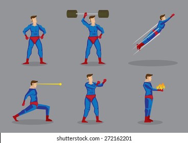 Vector cartoon illustration of superhero character showing super power and superhuman abilities isolated grey background.