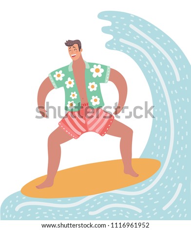 Vector cartoon illustration of surfer character in wetsuit with surfboard standing and riding on ocean wave.