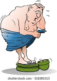 Vector cartoon illustration of a surprised fat man on a bath weight