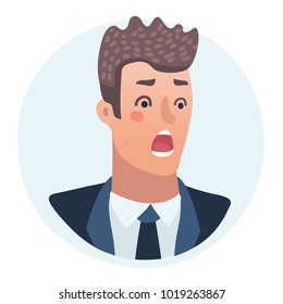 Vector cartoon illustration of surprised Men emotions concept. Businessman male face confused facial expression isolated. Scared or shocked man portrait for icon, avatar. His hair stood on end