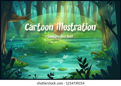 Vector cartoon illustration swamp in the forest. Background for design game, websites and mobile phones, printing.
