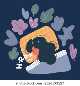 Vector cartoon illustration of Sweet dreams concept. A woman sleeps in bed lying on a pillow and covered with a blanket over dark background