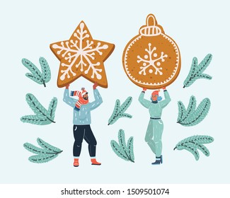 Vector cartoon illustration of Sweet Gingerbread. Couple hold big giant cookies in Christmas time. Winter concept.