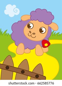 Vector cartoon illustration of sweet lamb walking along the path on the farm