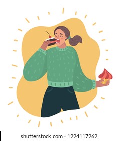 Vector cartoon illustration of Sweet tooth lady eating cake. Lady greedily devouring sweets and backery production. Female funny character in modern style.