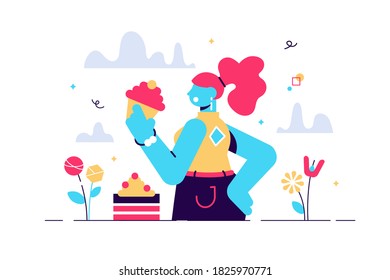 Vektorgrafik-Illustration der süßen Zahn-Dame, die Kuchen isst. Lady gierig süße Süßigkeiten und Backwaren Produktion. Weiblicher, lustiger Charakter im modernen Stil.