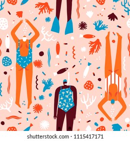 Vector cartoon illustration with swimmers in the ocean. Various of woman snorkelling under the sea seamless pattern in vector. Summer beach print collection.