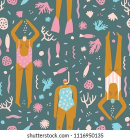 Vector cartoon illustration with swimmers in the ocean. Various of woman snorkelling under the sea seamless pattern in vector.
