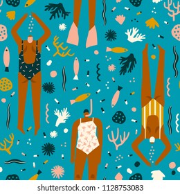 Vector cartoon illustration with swimmers in the ocean. Various of woman snorkelling under the sea seamless pattern in vector. Summer beach print collection.