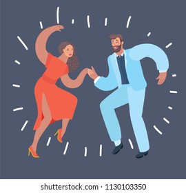 Vector cartoon illustration of swing dancers. Couple dance. Male and female characters in modern style at dark background.