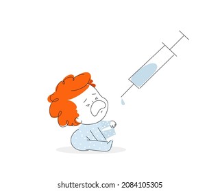 Vector Cartoon Illustration of Syringe and Crying Little Baby Boy.