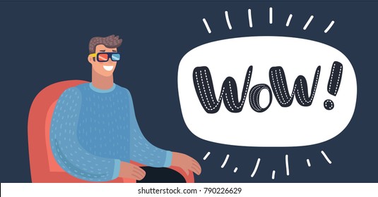 Vector cartoon illustration of t banners with space for text. Horizontal. Handsome man watching 3D movie in the theatre. Male wearing 3D glasses and watching movie in the cinema. Dark background.