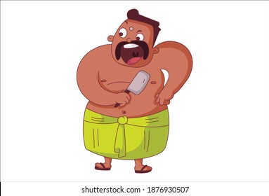 Vector cartoon illustration. Tamil man is holding a knife in hand. Isolated on white background.