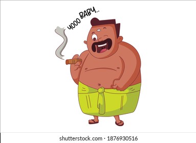 Vector cartoon illustration of Tamil man is smoking cigarette. Saying yo baby. Isolated on white background.