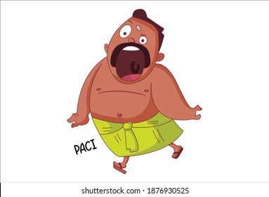 Vector cartoon illustration. Tamil man is hungry. Paci Tamil text translation - hunger. Isolated on white background.