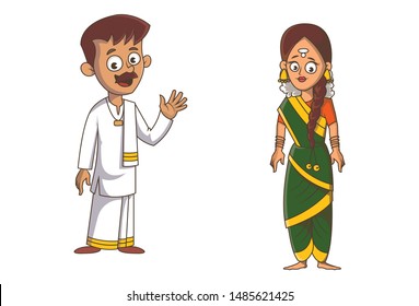 Vector cartoon illustration of Tamil Nadu couple. Isolated on white background.