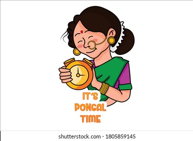 Vector cartoon illustration. Tamil woman is holding a clock in hands. Lettering text- it's pongal time. Isolated on grey background.