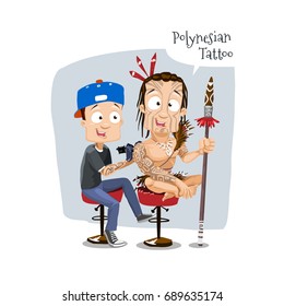 Vector cartoon illustration of tattoo artist making tattoo to polynesian aborigine warrior. Humorous funny illustration.