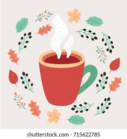 Vector cartoon illustration of Tea in autumn mood . Delicious hot beverige decorated by falling leaves around. Print for inscription for greeting invitation card or print, poster design