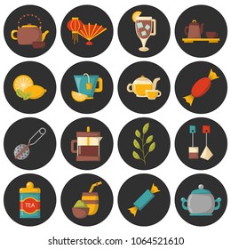 Vector cartoon illustration with tea ceremony set: cup, teapot, lemon, tea bags, herbs, sweets, mate. Traditional english tea time icon. Hot chinese beverage. Breakfast design